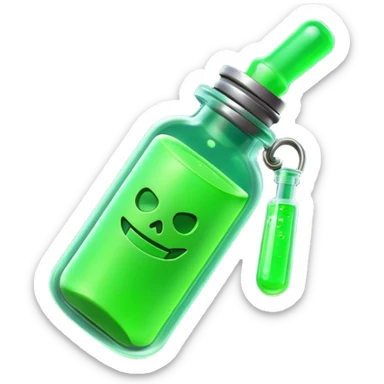 Clash of Clans aesthetic: Cinematic Playful Sci-fi green health pack Emoji, rendered in a 3D vector-style similar to standard emojis with minimal shading and bold, simplified shapes. A compact, futuristic vial with a glowing neon liquid and sleek contours, softly glowing with a healing cosmic charm. Simplified yet unmistakably iconic, highly detailed and consistent, glowing with a soft radiant glow and high shine. Stylized with a touch of futuristic alchemy and a soft glowing outline, capturing the essence of a vital energy elixir with a playful, interstellar spirit! sticker