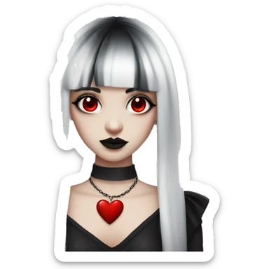 goth girl with long black hair with fringe haircut and red eyes with white skin and goth clothing with red heart necklace sticker