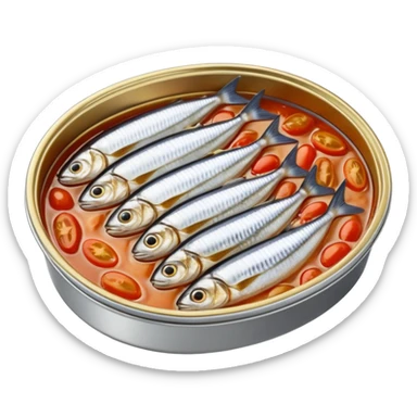 open oval tin showing tightly packed whole sardines in shiny silver skin, slightly overlapping and nestled in golden oil or tomato sauce, clean outlines, glossy preserved texture, no fork, garnish, or label, just the open tin and contents, soft lighting, subtle shadows, emoji scale sticker