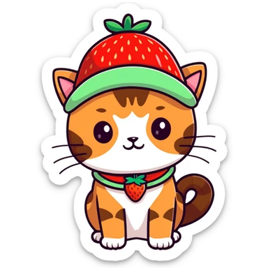 brown cat wearing a strawberry hat sticker