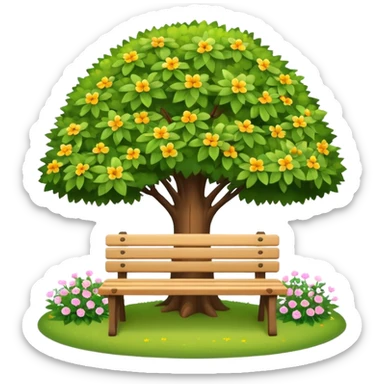 bright bench beneath a tree, surrounded by small flowers, clean and friendly sticker
