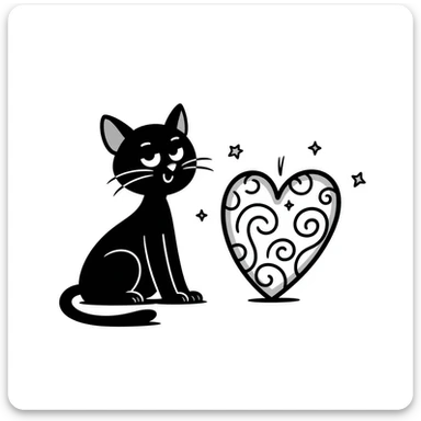 hand drawn cat and heart with stars and swirls, doodle style sticker