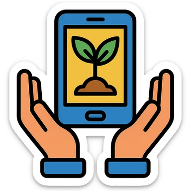 hands holding a sprouting plant growing from a smartphone, representing an ebook as a digital seed, iconic, clean, modern style sticker