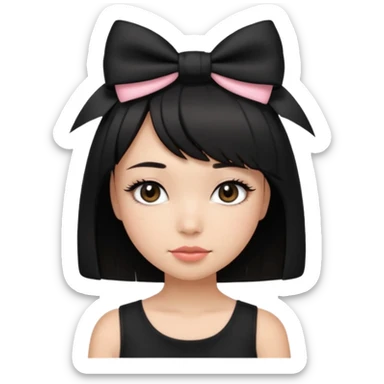Girl with black cute bob cut with a black top and a bow on her head with long lashes sticker