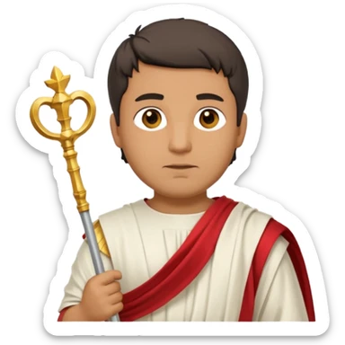An emoji portrait of a Roman patrician. He wears a flowing white toga with a red stripe. He has a dignified expression and holds a golden scepter. sticker