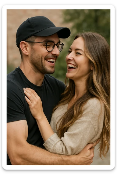 A man with a cap, glasses, strong arms, brown eyes, very short dark chestnut hair, and light skin, holding a woman with green eyes and very long brown-blonde balayage hair. They are laughing at each other. sticker