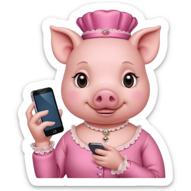 girl pig in victorian pink finery scrolling on a cell phone sticker