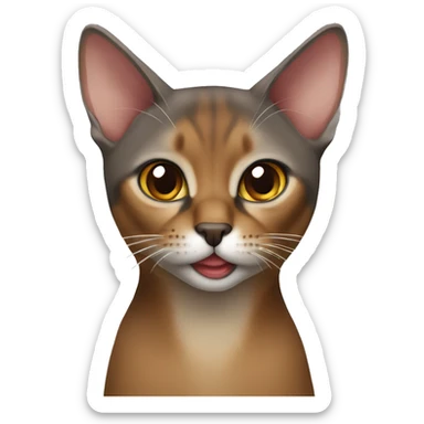 A grey and brown Abyssinian cat with one fang sticking out more than the other sticker