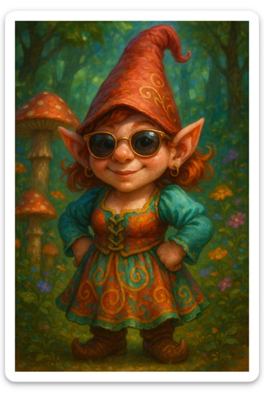 female gnome with sunglasses, fantasy style, whimsical details sticker