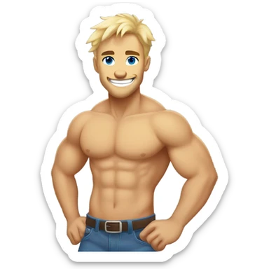 Full body, abs, pecs, shirtless male hyena muscular, good looking, blue eyes, blonde hair, smile, teeth sticker