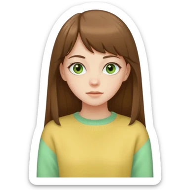 please create an emoji of a semi pale girl with long brown hair with a thin bang, green eyes, wearing a pastel yellow sweater sticker