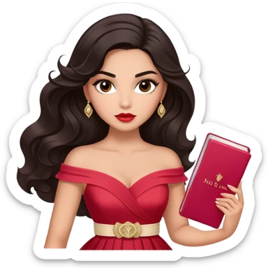 A woman with lighter almond-toned skin, voluminous dark hair in waves, expressive eyes with soft lashes and shimmer, full lips with a glossy nude-pink color, wearing a red dress and a white crossbody sash with “Miss San Juan” in black letters, exuding elegance and confidence. sticker