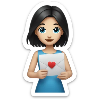 girl with black hair and blue eyes holding a love letter sticker