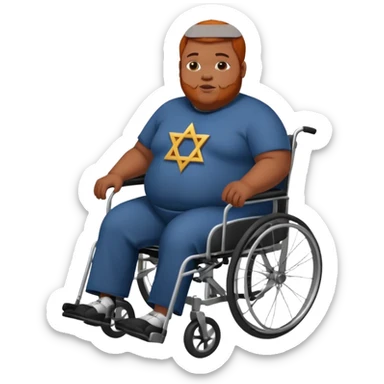 Obese Down syndrome black man with ginger hair in a wheelchair with a Jewish symbol  sticker