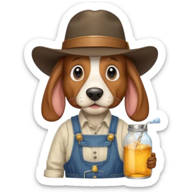 toothless hillbilly basset hound wearing a stetson and dungarees carrying moonshine sticker
