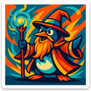 a heroic penguin wizard with a long beard, staff, and magical aura, bold dynamic style, vibrant toon style, strong and energetic colors sticker