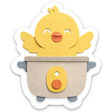 chibi egg cooker chick popping out of the lid, smiling brightly, soft yellow tones, full-body sticker