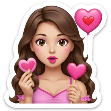 girl with long wavy brown hair, brown eyes, long lashes makeup, sexy pink lips, light to medium complexion, wearing a pink sexy top, blowing a kiss, heart lillipop sticker