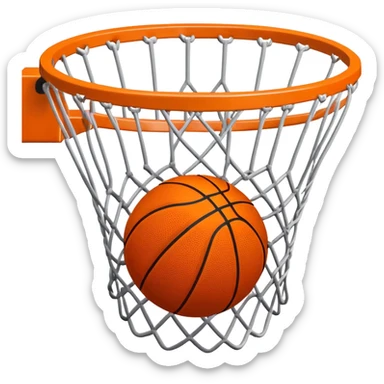 Simple orange basketball with NBA logo caught in basketball net from below perspective, iOS emoji style sticker