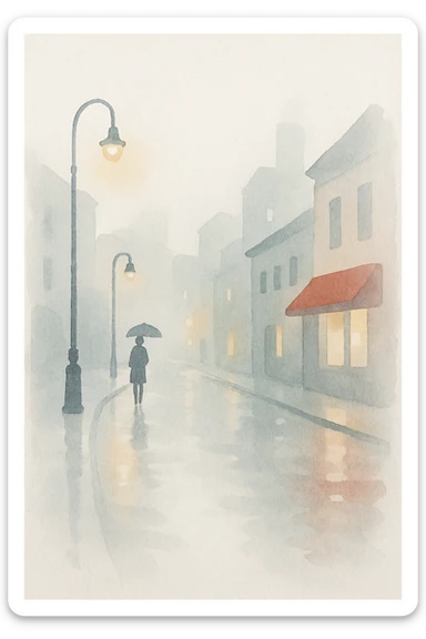 dreamy watercolor depiction of rain falling on a quiet city street, with glowing reflections on the pavement sticker