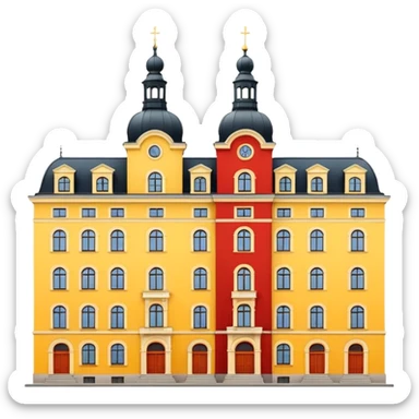two colorful historic buildings in Stockholm, yellow and red sticker