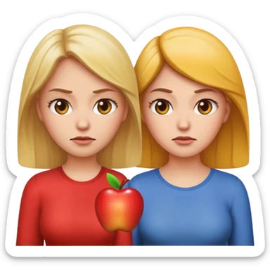 two women facing each other, one looking upset, the other looking smug, apple emoji style sticker