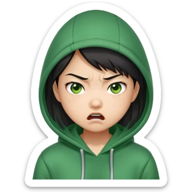 ASIAN girl emoji, angry, upset wearing green hoodies sticker