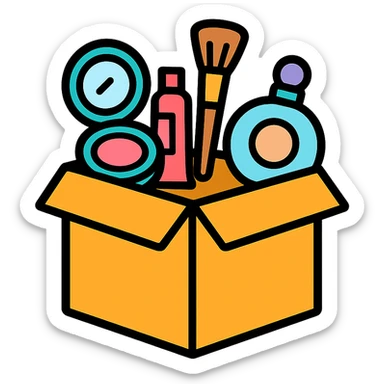 an opened box with various beauty items spilling out, including makeup, skincare, and perfume sticker