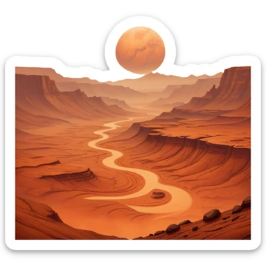 Cinematic Realistic Mars, portrayed with rugged, rust-colored landscapes, deep canyons, and swirling dust storms rendered with lifelike texture and an orange-hued glow that evokes the enigmatic allure of the Red Planet. sticker