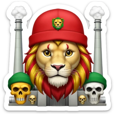 Create a power station with a rasta cap on with red gold green grafite of a lion and skulls with Fred the fossibot written on it sticker