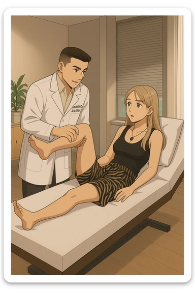 fai un webtoon/manga a colori con questo kinesiologo in camice bianco (fagli la scritta "ANTONIO ANANIA" SUL CAMICE) CHE SVOLGE UN TEST NEUROMUSCOLARE SOLLEVANDO UNA GAMBA ALLA RAGAZZA CHE è STESA SU UN LETTINO BIANCO. STANZA SEMPLICE E MODERNA, DURANTE IL TEST I DUE DIALOGANO TRA LORO. NON FARE I FUMETTI, FAI SOLO LORO COME SE DIALOGASSERO sticker