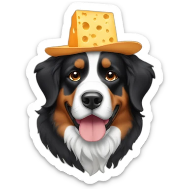 A Bernese mountain dog wearing a cheese head hat sticker
