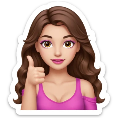 girl with long wavy brown hair, brown eyes, long lashes makeup, sexy pink lips, light to medium complexion, wearing a pink sexy top, thumbs up sticker