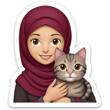 White girl wearing maroon hijab smiling while holding a black grey tabby cat sticker