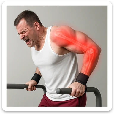 A hyper realistic depiction of a man performing a dip exercise with joint stress highlighted: shoulder, arm, and elbow are emphasized in red with a soft halo effect. The man's face shows an expression of pain. Anatomical details are clear, set in a clinical atmosphere with a neutral background. sticker