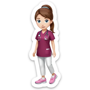 Nurse with brown hair and blue eyes, wearing hair into a ponytail, blue eyes, burgundy tunic, white pants, pink shoes sticker