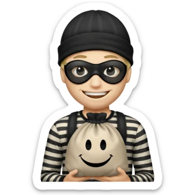 smiley robber wears black eye mask, black beanies and black and white stibes shirt with one money bag beside him sticker