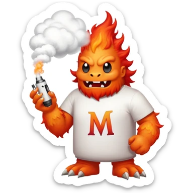 A fire monster wearing a white t shirt with the letter "M" and a vape in his hand blowing smoke sticker