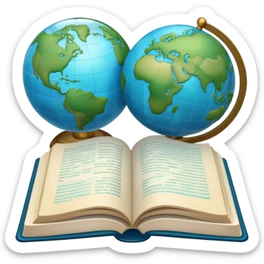 Create an emoji representing language translation. The design should feature just one globe in the background, symbolizing international communication. In front of the globe, place two opened books with texts on them and a pen nearby to indicate the act of writing. Use a clean and professional color palette with blues, greens, and neutral tones. Make the background transparent. sticker