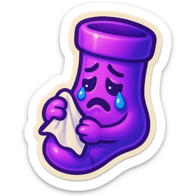 A neon-purple sock with a crying face, holding a tissue, representing crying or sadness. sticker
