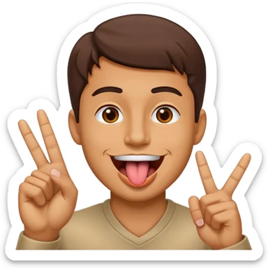 Man making v shape with fingers and tongue sticking out of mouth sticker