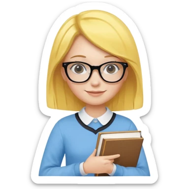 A smart and cute girl with yellow bobbed hair, wearing sky blue clothes,
I hold a book in one arm. There is a pen in the book.
He is wearing black-rimmed glasses and smiling brightly. sticker