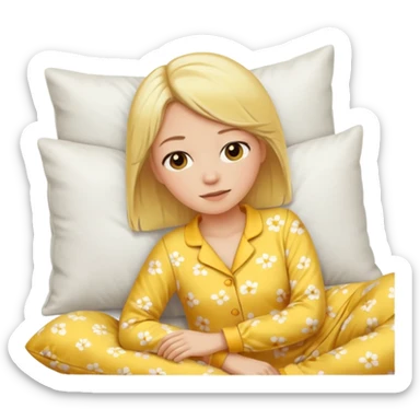 woman with blond hair in yellow pajamas, waking up on a white pillow, classic iOS emoji style sticker