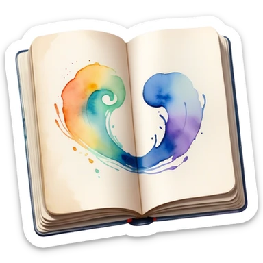 Cinematic Realistic image of an open sketchbook accompanied by a set of translucent watercolors, with delicate pigment stains and soft, flowing brushstrokes, captured under gentle, diffused lighting that highlights creative fluidity sticker