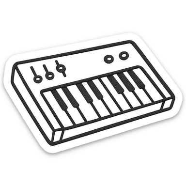 MIDI keyboard icon, hand drawn, black outlines, no fill, simple and clean, angled view sticker