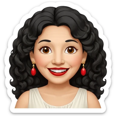 60 yr old peruvian woman, slightly chubby, wavy/curly long black hair, red lipstick, big smile, white teeth, brown eyes, hoop earings, side part to hair, round face, pretty white dress sticker