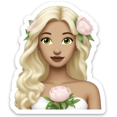 White bride with long light blonde hair and green eyes with light pink peonies in hair white skin  sticker
