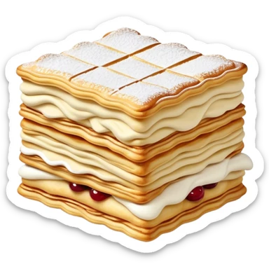 Cinematic Realistic Mille-Feuille Dessert Emoji, depicted as layered puff pastry with rich cream and a dusting of powdered sugar rendered with intricate textures and elegant, soft lighting. sticker