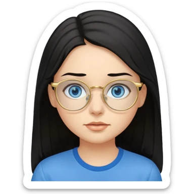 a black haired girl with blue eyes and glasses with blue shirt and long hair and gold glasses sticker