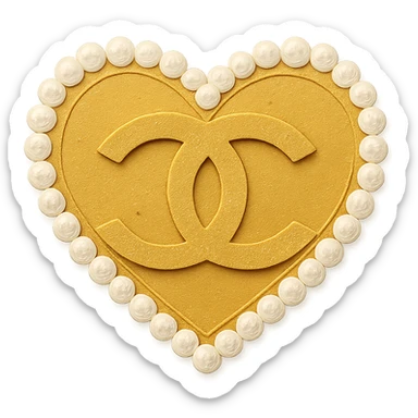 Chanel heart with interlocking C's, metallic gold, pearl border, elegant, paper craft style sticker